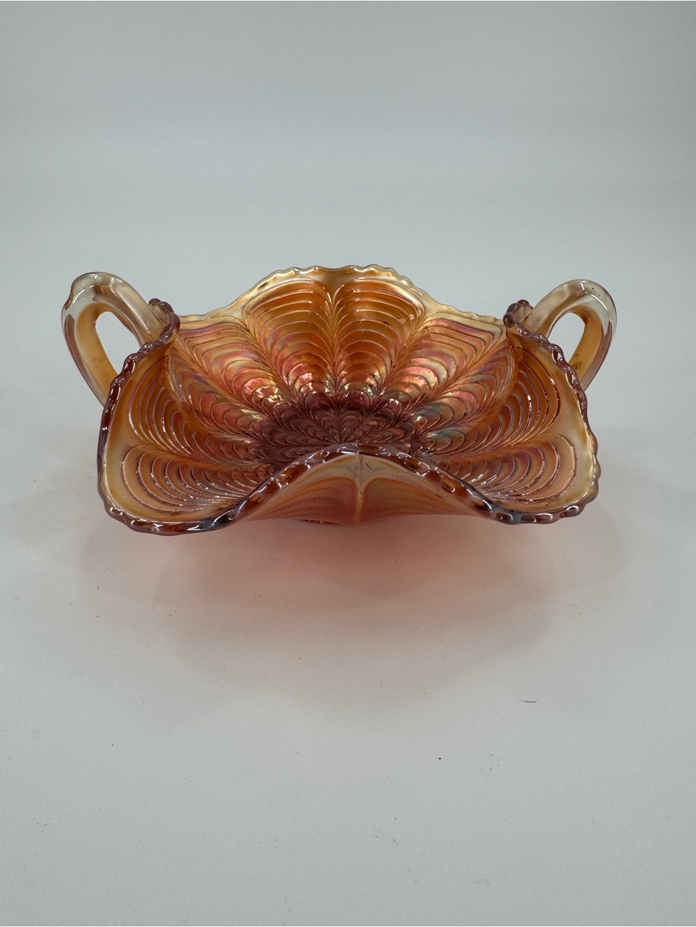 Antique Fenton Peacock Tail Marigold Carnival Glass Two Handled Bonbon Bowl